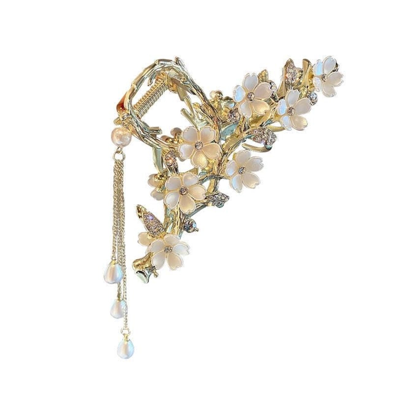 Elegant Floral Hair Clip, Pearl Tassel Bun Holder, Gold Lily of The Valley Design with Dangling Pearls
